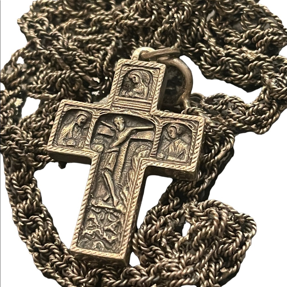 Antique Storybook cross religious bible crucifix silver HEAVY chain necklace